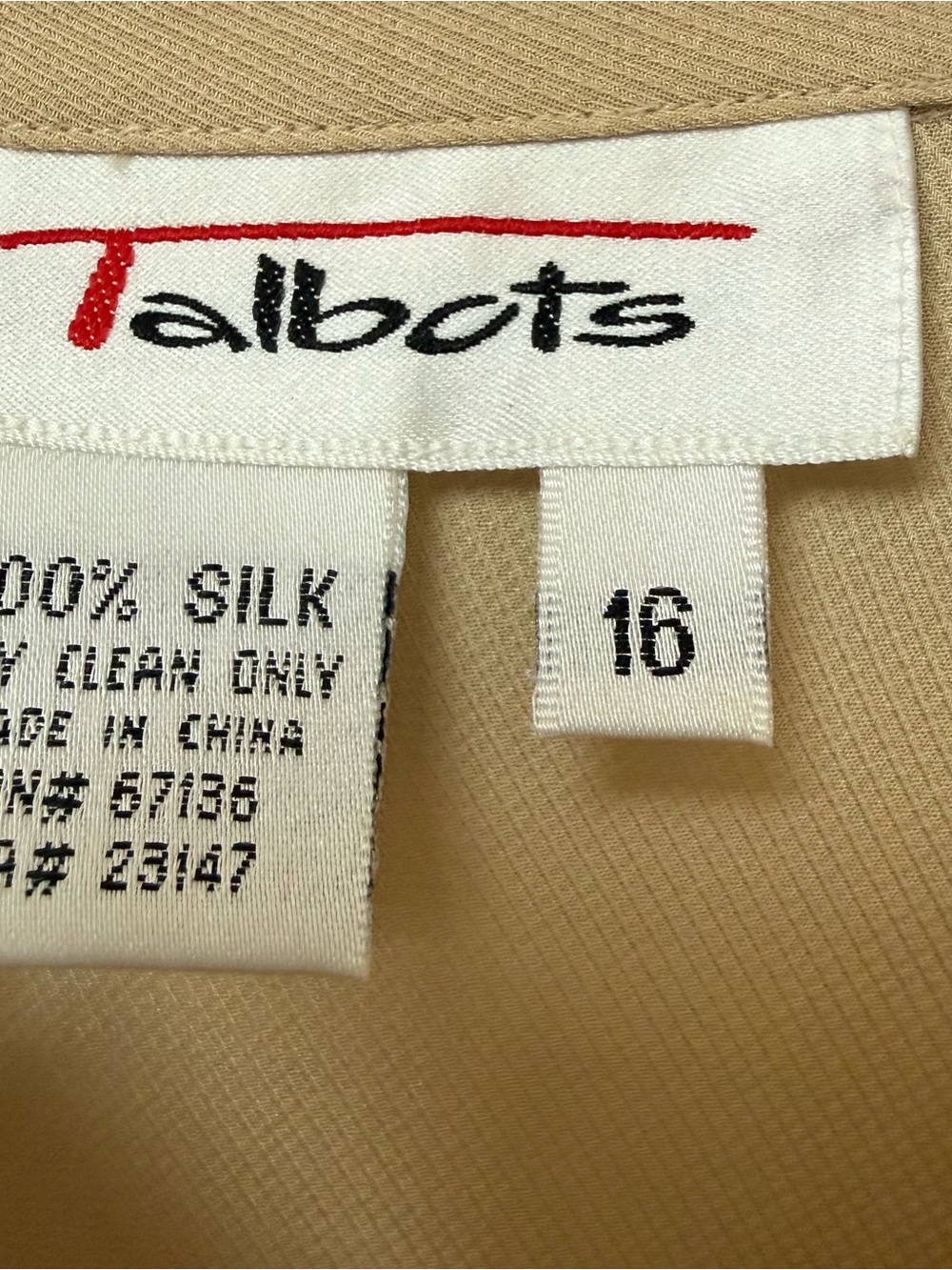 Talbots 100% silk short-sleeve button-down blouse in a tan/beige color size 16 - Picture 2 of 6
